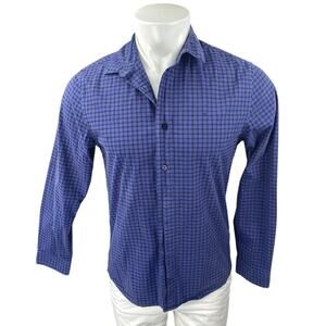 Calvin Klein Men's Blue Checkered Plaid Long Sleeve Slim Button Down Shirt Top S